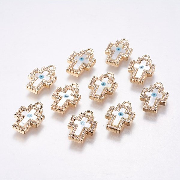 Ottone micro spianare pendenti zirconi, cadmio & nichel &piombo libero, con shell, croce, vero placcato oro 18k, 17x11x2.5mm, Foro: 1.5 mm