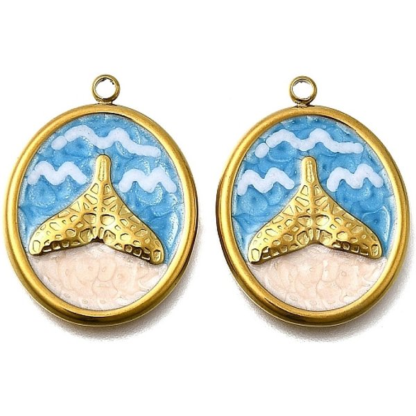 304 Stainless Steel Enamel Pendants, Ion Plating(Ip), Real 18K Gold Plated, Fishtail, 25.5X19X2Mm, Hole: 1.8Mm-image