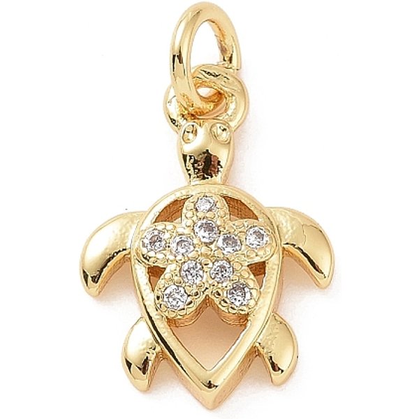 Brass Micro Pave Cubic Zirconia Charms, With Jump Ring, Cadmium Free & Lead Free, Sea Turtle With Flower Charms, Golden, 14.5X10X3Mm, Hole: 2.8Mm-image