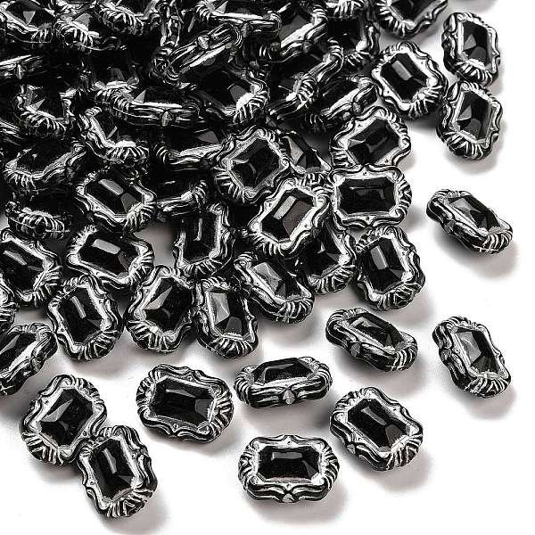 Opaque Acrylic Beads, Silver Metal Enlaced, Black, Rectangle, 18X13X8.5Mm, Hole: 1.8Mm, About 510Pcs/500G-image