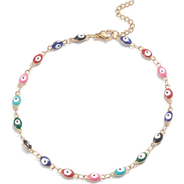 304 Stainless Steel Anklets, With Enamel And Lobster Claw Clasps, Evil Eye, Colorful, Golden, 9-5/8 Inch(24.5Cm)-image