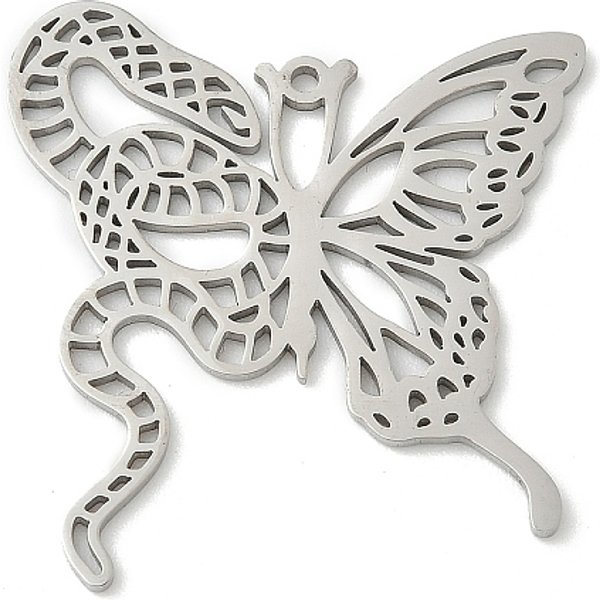 304 Stainless Steel Pendants, Hollow, Snake & Butterfly Charm, Anti-Tarnish, Stainless Steel Color, 36X34X1.5Mm, Hole: 1.6Mm-image