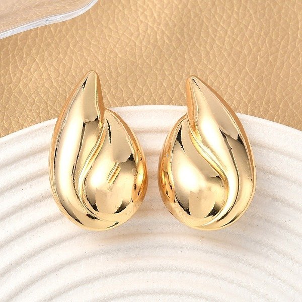 Brass Teardrop Stud Earrings, Nickel Free, Real 18K Gold Plated, 37X21Mm-image