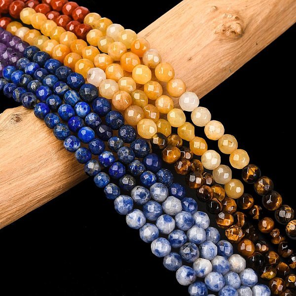 Chakra Theme Natural Red Rainbow Jasper & Yellow Aventurine & Tiger Eye & Green Aventurine & Blue Spot Stone & Lapis Lazuli & Amethyst Beads Strands, Faceted, Round, Chakra, 4mm, Hole: 0.5mm, about 91pcs/strand, 15.16 inch(38.5cm)