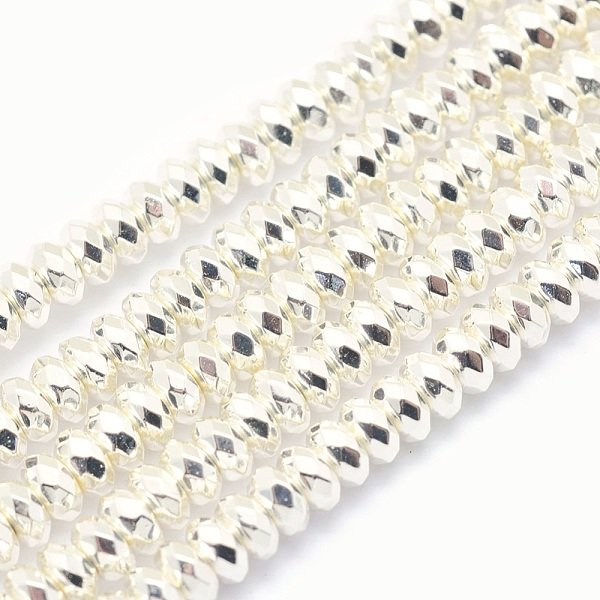 Electroplate Non Magnetici Ematite Sintetico Fili Di Perline, Grado Aa, Placcato Di Lunga Durata, Sfaccettato, Rondelle, Argento Placcato, 6X3Mm, Foro: 1.5 Mm, Circa 132Pcs/Filo, 15.7 Pollice (40 Cm)-image