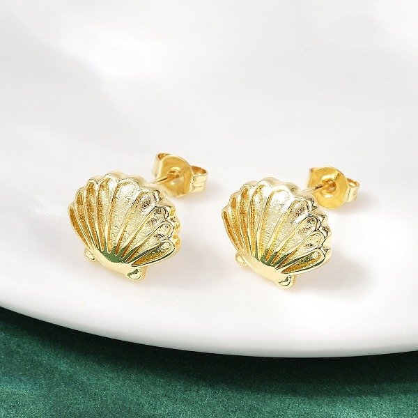 Aretes De LatóN, Shell Forma, Real 18K Chapado En Oro, 10X12.5Mm-image