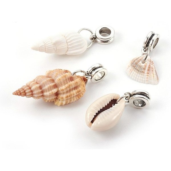 Legierung EuropäIschen Baumeln Charme, GroßLoch Perlen, Mit Shell, Antik Silber Farbe, Mischfarbe, 23-42 Mm, Bohrung: 4-5 Mm-image