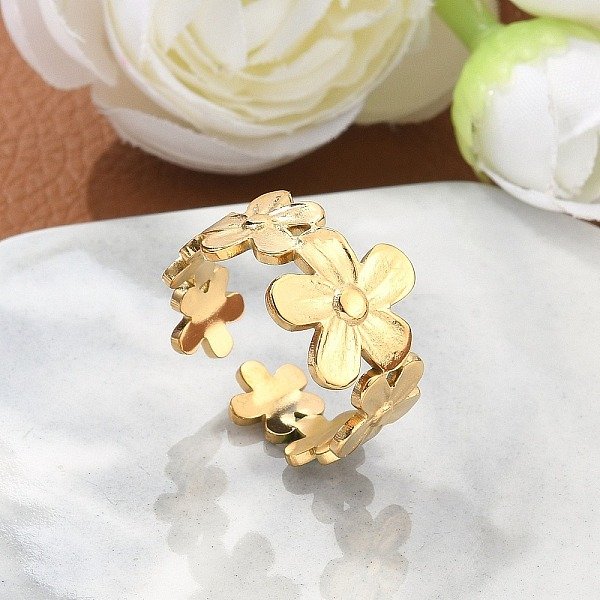Ion Plating(Ip) 304 Stainless Steel Finger Rings, Cuff Rings, Long-Lasting Plated, Sunflower, Golden, Us Size 7 1/4(17.5Mm), 7-12Mm-image