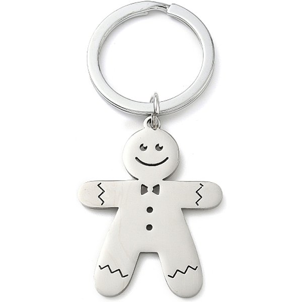 Porte-CléS Bonhomme En Pain D'éPices De NoëL En Acier Inoxydable 201, Avec Des Anneaux CléS, Couleur Inoxydable, 72Mm-image
