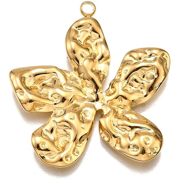 304 Stainless Steel Pendants, Textured, Flower Charm, Real 18K Gold Plated, 30X28X3Mm, Hole: 2Mm-image