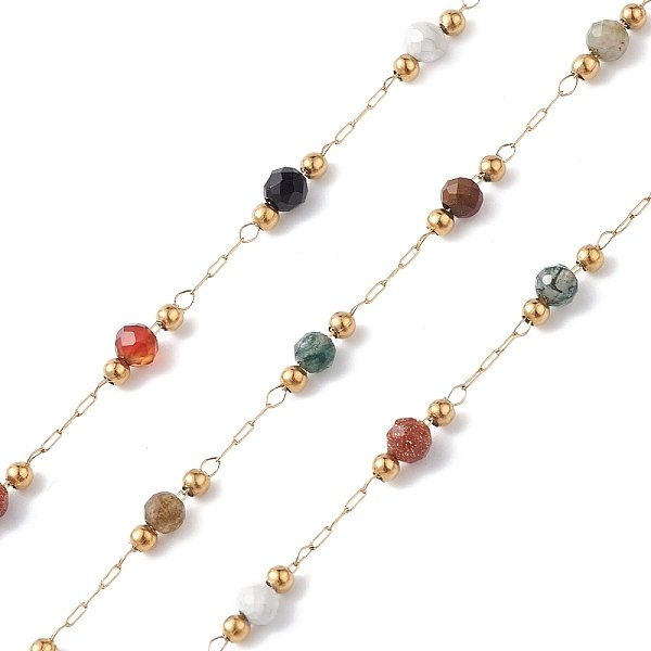 ChaîNes à Maillons En Acier Inoxydable 304, Avec Perles De Pierres PréCieuses Et Bobine, Non SoudéE, ColoréEs, 1.2X0.2Mm-image