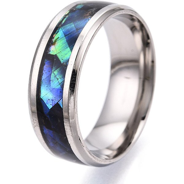 Bagues à large bande en acier inoxydable 201, avec coquille, taille 13, couleur inoxydable, 22.3mm