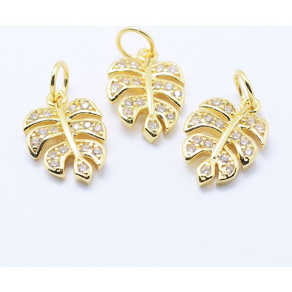 Brass Micro Pave Cubic Zirconia Charms, Tropical Leaf Charms, Monstera Leaf, Lead Free & Nickel Free & Cadmium Free, Golden, 14X9.5X2Mm, Hole: 3Mm-image