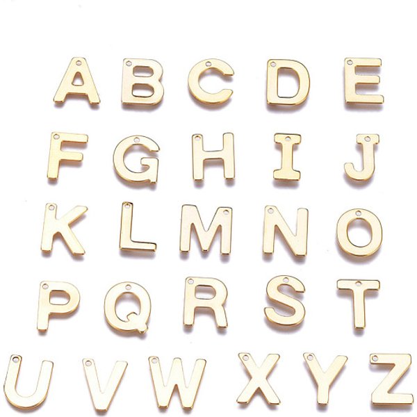 304 Stainless Steel Charms, Alphabet, Golden, Letter A-Z, 11X6-12X0.8Mm, Hole: 1Mm, 26Pcs/Set-image
