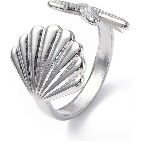 304 Stainless Steel Shell With Starfish Open Cuff Ring For Women, Stainless Steel Color, Inner Diameter: 18Mm-image