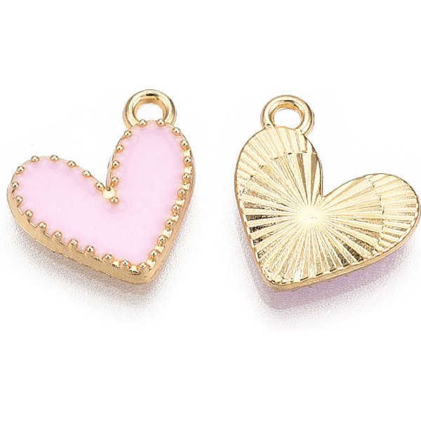 Alloy Enamel Charms, Cadmium Free & Nickel Free & Lead Free, Light Gold, Heart Charm, Pink, 14X13.5X2Mm, Hole: 1.5Mm-image