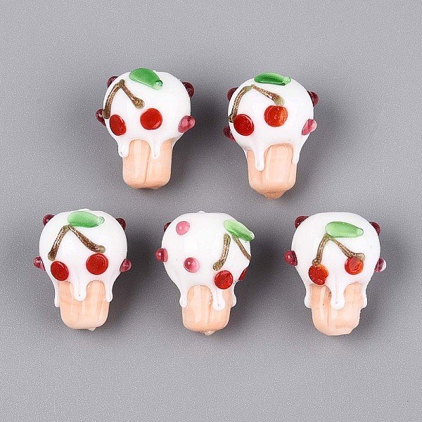 Perles BosseléEs En Verre Faites à La Main, GâTeau Aux Cerises, Blanc, 19-20X15-16X14-16Mm, Trou: 0.8-1Mm-image