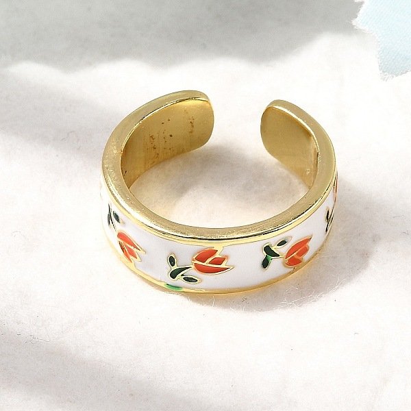 Manschettenringe aus Messingemail, Blume, Gestell, langlebig plattiert, cadmiumfrei und bleifrei, echtes 18k vergoldet, orange, 6.5 mm