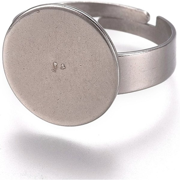 Tarnish Resistant Adjustable 304 Stainless Steel Finger Rings Components, Pad Ring Base Findings, Flat Round, Stainless Steel Color, Tray: 14.5Mm, Size 7, 17.5Mm-image