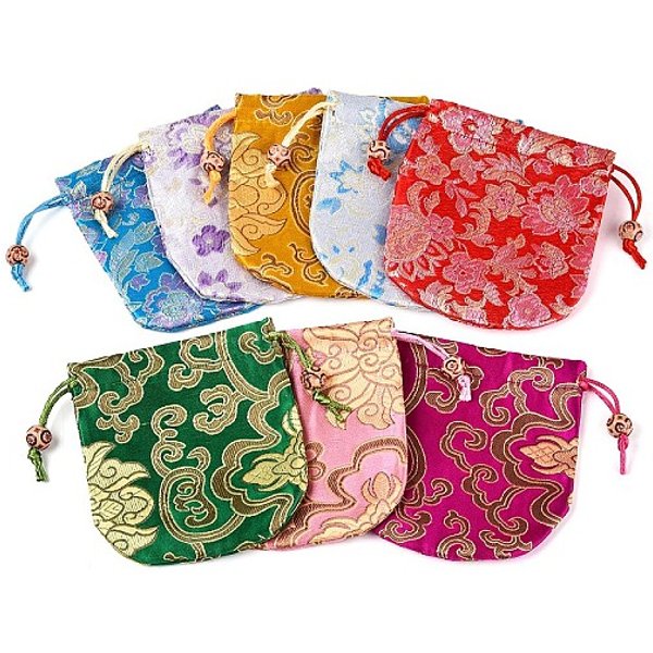 Chinese Embroidery Satin Drawstring Bags, Rectangle, Gift Jewelry Packaging Bag for Earrings Bracelet Packaging, Mixed Patterns, Mixed Color, 11-11.5x9.5-10.5x0.4cm