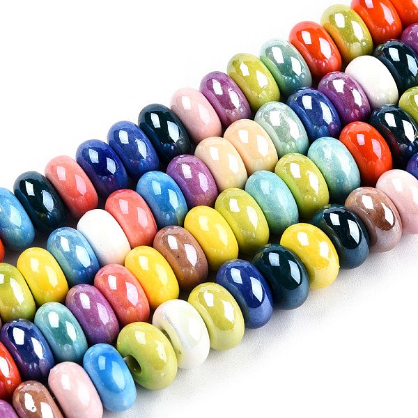 Handmade Porcelain Bead Strands, Bright Glazed Porcelain, Flat Round, Mixed Color, 9.5X5Mm, Hole: 2.5Mm, About 60Pcs/Strand, 11.50 Inch(29.2Cm)-image