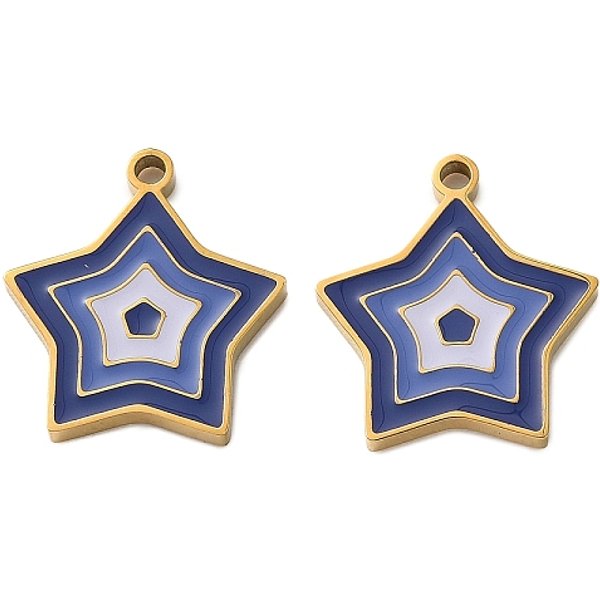 304 Stainless Steel Enamel Pendants, Ion Plating, Star, Golden, Blue, 16X15X2Mm, Hole: 1.5Mm-image