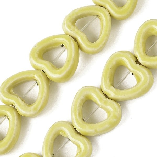Handmade Porcelain Beads Strands, Heart, Bright Glazed Porcelain, Dark Khaki, 13X14.5X5Mm, Hole: 1.4Mm, About 25Pcs/Strand, 12.60''(32Cm)-image