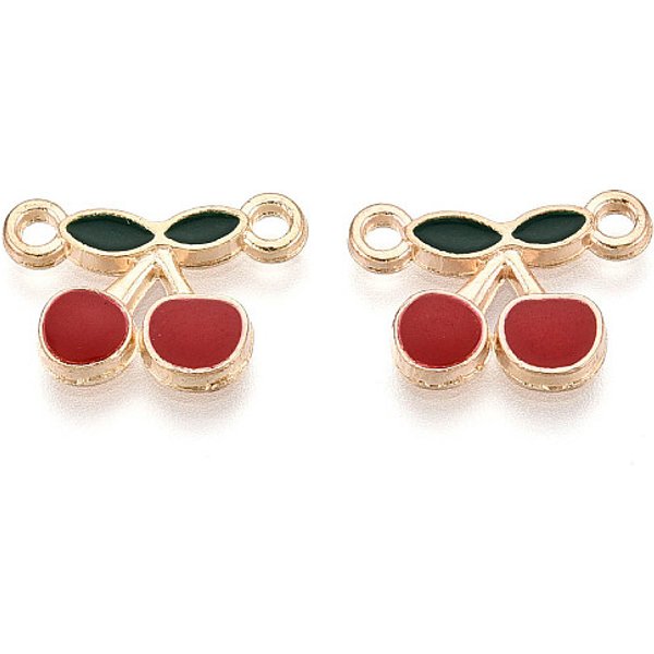 Alloy Enamel Fruit Connector Charms, Cherry Links, Cadmium Free & Lead Free, Light Gold, FireBrick, 12x16.5x2mm, Hole: 1.6-1.8mm