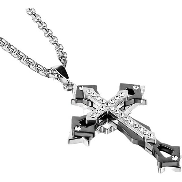 Stainless Steel Box Chains Necklaces, With Alloy Rhinestone Pendants, Cross, Black, 23.62 Inch(60Cm)-image