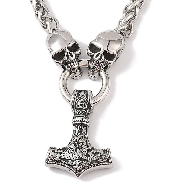 304 Edelstahl Totenkopf Weizenkette Wikinger MjöLnir Thors Hammer AnhäNger Halsketten FüR MäNner, Antik Silber Farbe, 24.25 Zoll (61.6 Cm)-image