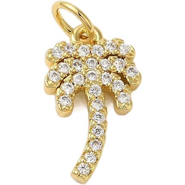 Rack Plating Brass Micro Pave Cubic Zirconia Pendants, Cadmium Free & Lead Free, Long-Lasting Plated, Coconut Tree, Real 18K Gold Plated, 16X9.5X2.5Mm, Hole: 3Mm-image