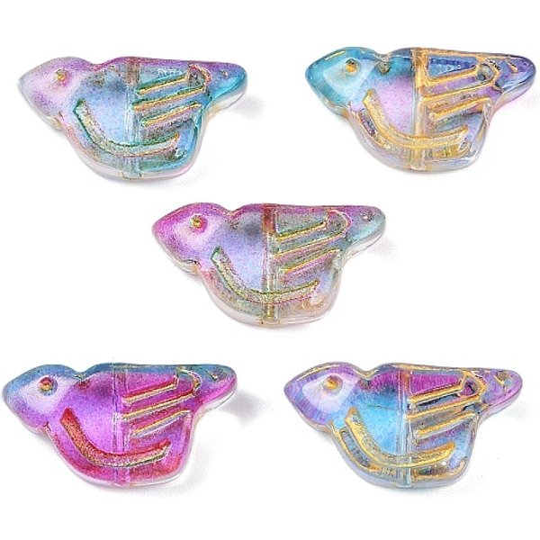 Electroplate And Golden Metal Enlaced Glass Beads, Bird, Magenta, 10X19.5X7Mm, Hole: 1Mm-image