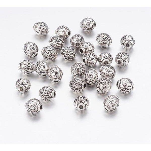 Tibetischer Stil Legierung Perlen, Bleifrei Und Nickel Frei Und Cadmiumfrei, Runde, Antik Silber Farbe, Ca. 6 Mm Durchmesser, Bohrung: 1.5 Mm-image