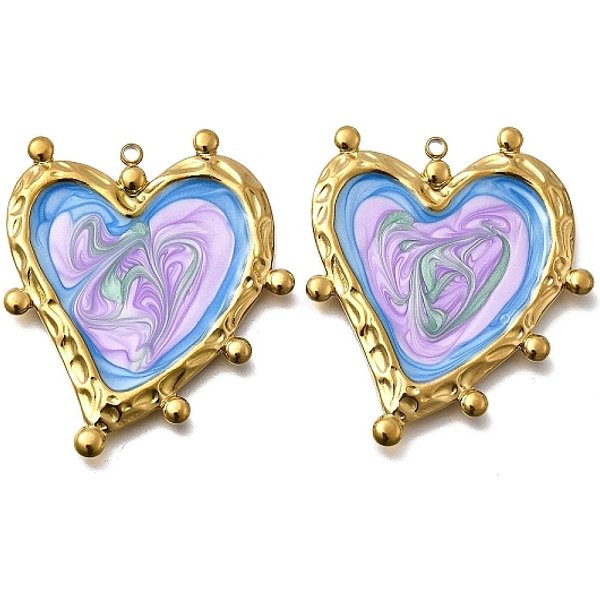 304 Stainless Steel Enamel Pendants, Heart, Ion Plating(Ip), Real 18K Gold Plated, Lilac, 42X35.5X2.5Mm, Hole: 1.8Mm-image