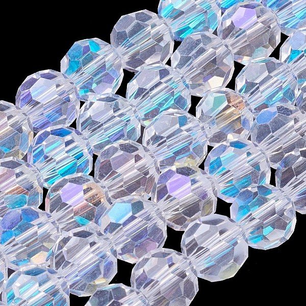 Electroplate Glass Beads Strands, AB Color, Faceted(32 Facets), Round, Clear AB, 8mm, Hole: 1mm, about 65-67pcs/strand, 49-50cm
