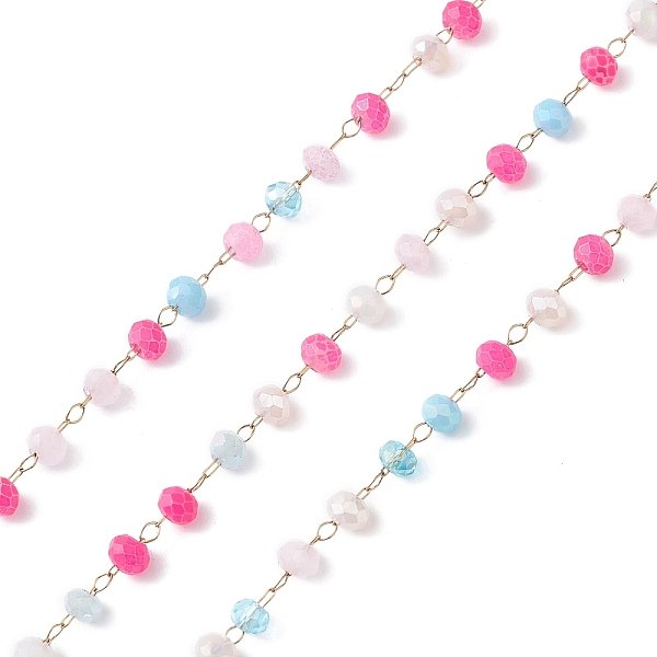 Catenine vetro fatti a mano, sfaccettato, senza saldatura, con catene in acciaio inox 304, oro, tondo, rosa intenso, 3x2.5mm