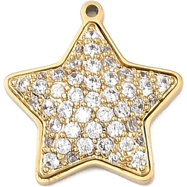 304 Stainless Steel Micro Pave Cubic Zirconia Charms, Cadmium Free & Nickel Free & Lead Free, Golden, Star, 14X13X3Mm, Hole: 0.8Mm-image