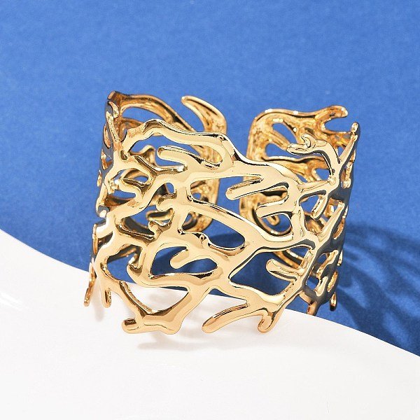 304 Stainless Steel Cuff Bangles for Women, Branch, Ion Plating(IP), Golden, 1-3/4 inch(4.5cm), Inner Diameter: 2 inch(5cm)