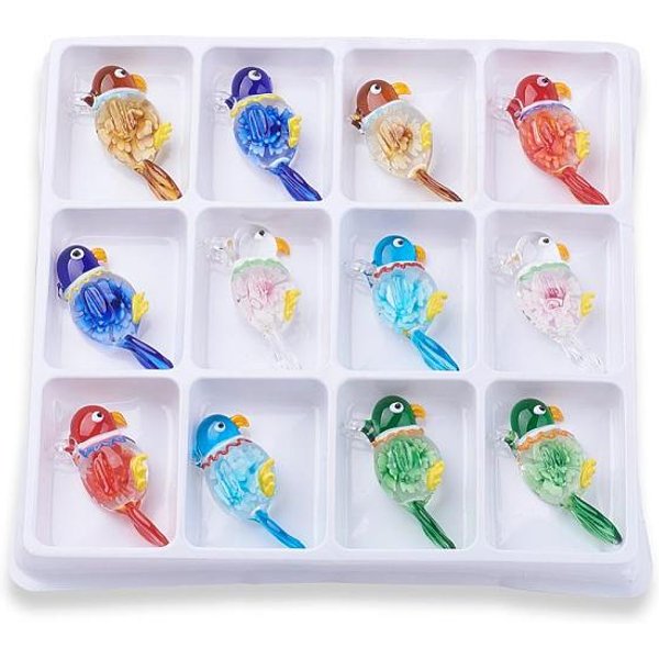 Handmade Lampwork Big Pendants, Parrot, Inner Flower, Mixed Color, 59X27X12Mm, Hole: 5Mm, 12Pcs/Box-image