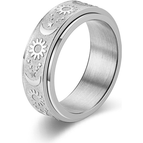Star & Moon & Sun 304 Stainless Steel Rotatable Finger Ring, Fidget Spinner Ring For Calming Worry Meditation, Stainless Steel Color, Us Size 9 3/4(19.5Mm)-image