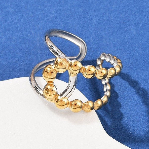 304 Stainless Steel Double Color Cuff Rings, Ion Plating(Ip), Golden & Stainless Steel Color, Round, 14Mm, Inner Diameter: Adjustable-image