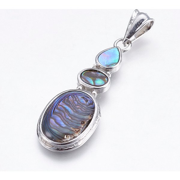 Abalone Muschel / Paua Muschel AnhäNger, Mit Messing-ZubehöR, Platin Farbe, Oval Und TropfenföRmig, 42X14.5X4 Mm, Bohrung: 4X7 Mm-image