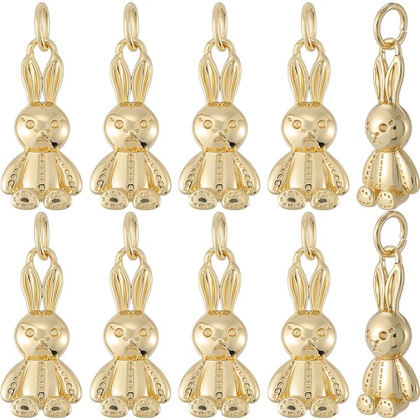 12 PièCes Pendentifs En Laiton, Lapin, CréMaillèRe Plaquage, Sans Cadmium Et Sans Plomb, Plaqué Longue DuréE, Avec Anneau De Jonction, VéRitable 18K Plaqué Or, 18X8.5X4.5Mm, Trou: 3.5Mm-image