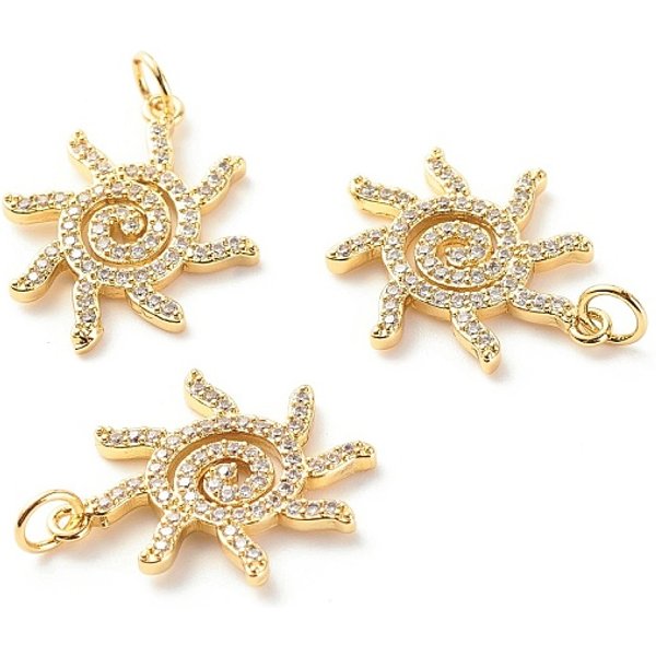 Brass Micro Pave Clear Cubic Zirconia Pendants, Cadmium Free & Lead Free, Sun, Real 18K Gold Plated, 22x18x2mm, Hole: 3.5mm