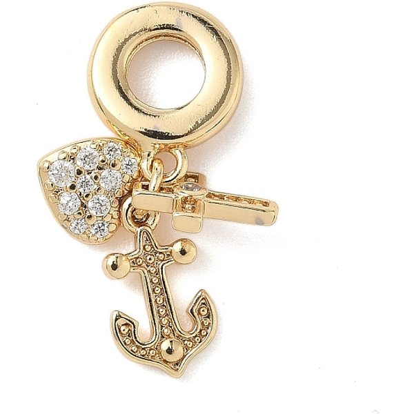 Brass Micro Pave Clear Cubic Zirconia European Dangle Charms, Heart Cross Anchor Large Hole Pendants, Real 18K Gold Plated, 25Mm, Hole: 4.8Mm-image
