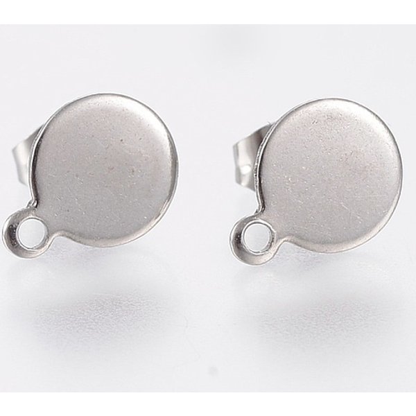 AnlaufgeschüTzte Ohrstecker-BeschläGe Aus Edelstahl 304, Mit Schlaufe Und Flacher Platte, Flachrund, Edelstahl Farbe, 12.5X10X0.8-1 Mm, Bohrung: 1.5 Mm, Stift: 0.8 Mm-image