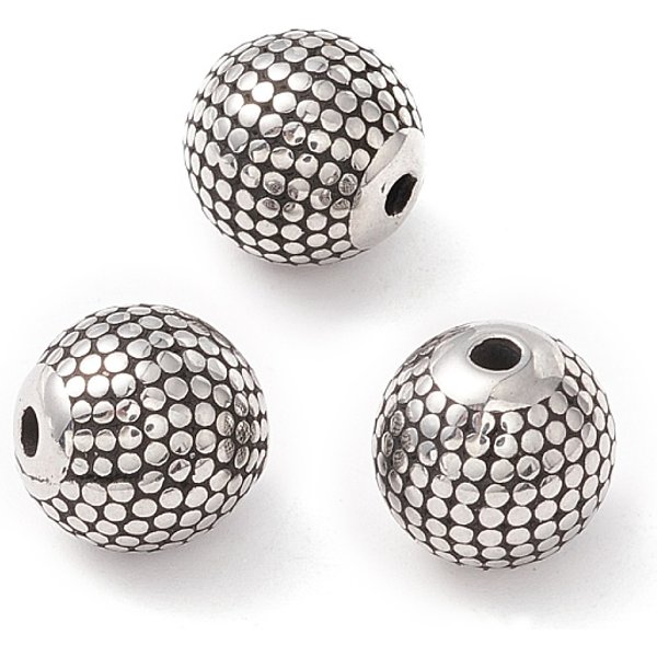 304 Edelstahlperlen, manuelles Polieren, Runde, Antik Silber Farbe, 9.5 mm, Bohrung: 1.4 mm