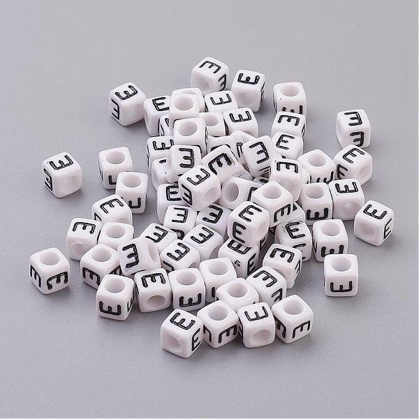 Acrylic Horizontal Hole Letter Beads, Cube, White, Letter E, Size: About 6Mm Wide, 6Mm Long, 6Mm High, Hole: About 3.2Mm, About 2600Pcs/500G-image