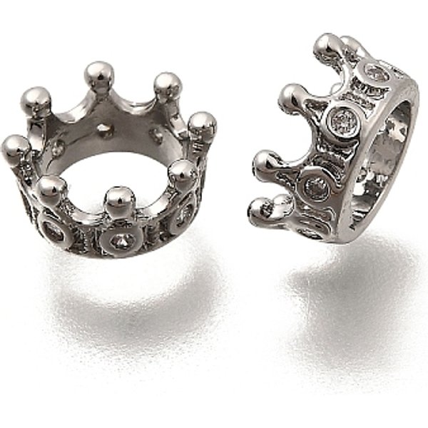 Laiton Micro Pave Zircon Cubique Transparent Perles EuropéEnnes, Perles Avec Un Grand Trou , Couronne, Platine, 8.5X4Mm, Trou: 5Mm-image
