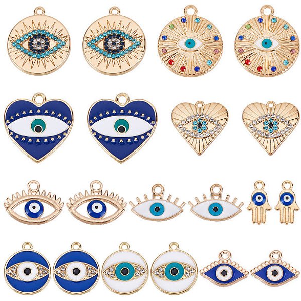 Sunnyclue 1 Box 40Pcs Evil Eye Charms Evil Eyes Charm Valentine's Day Heart Charm Flat Round Rhinestone Hamsa Hand Lucky Charms Love Charms For Jewelry Making Charm Earrings Necklace Diy Supplies-image